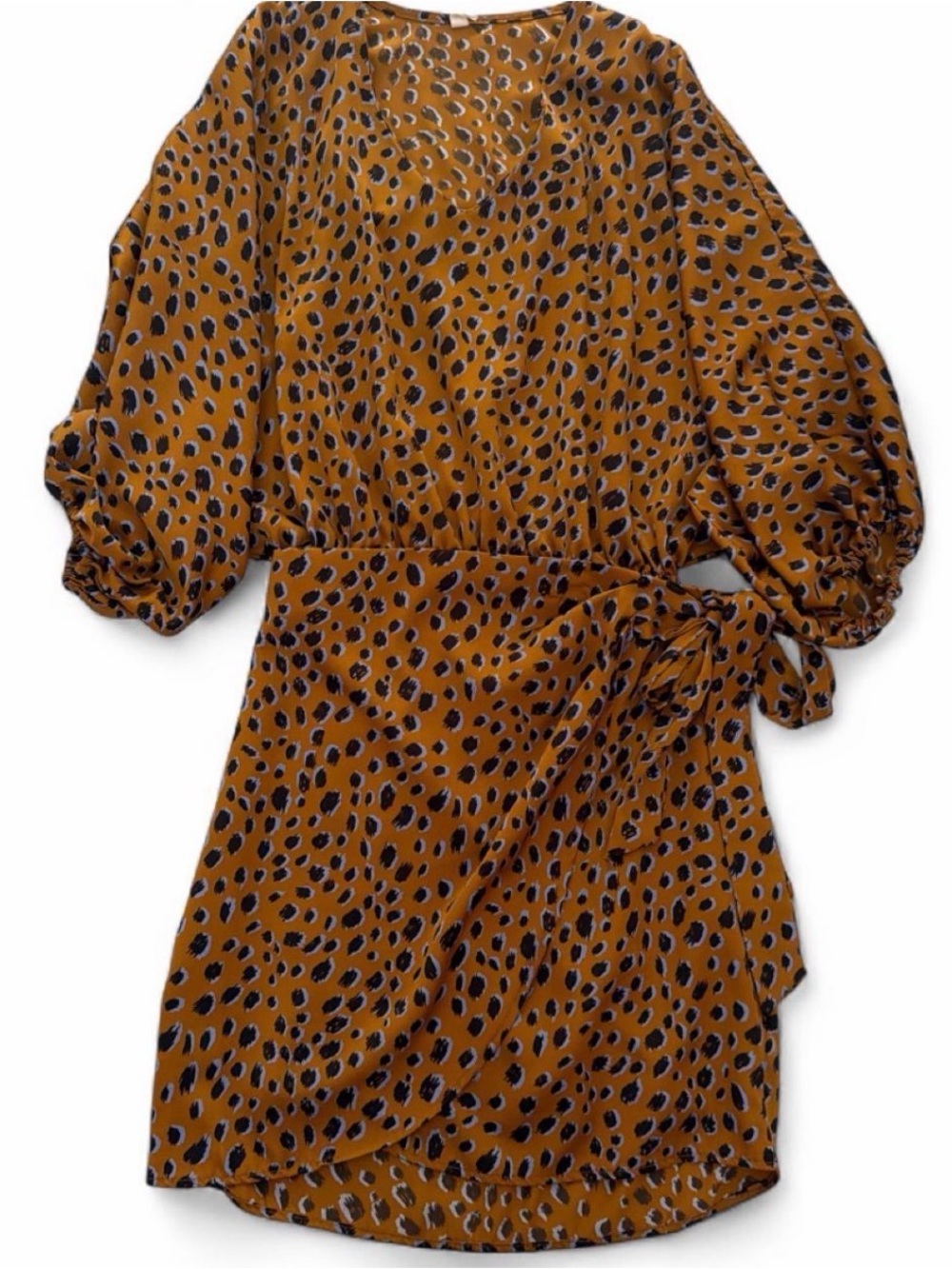 Tyche Mustard Animal-Print Mini Wrap Dress